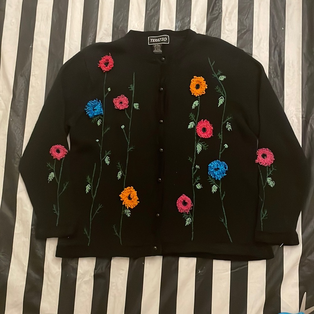 Vintage Terazzo Sz L Black Cardigan with 3D Embroidered Flowers